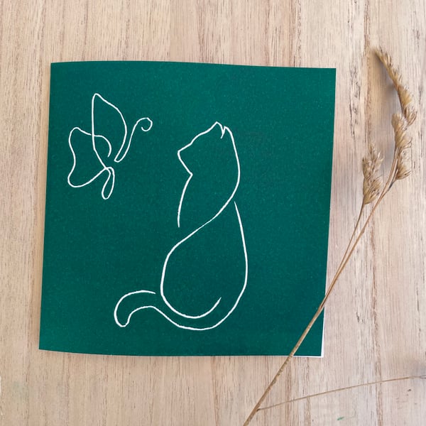 Cat and Butterfly Lino Printed card Green