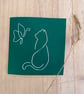 Cat and Butterfly Lino Printed card Green