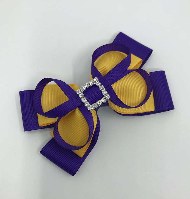 Purple and Yellow Gold Double Layer Bow with Purple Loops on Clip