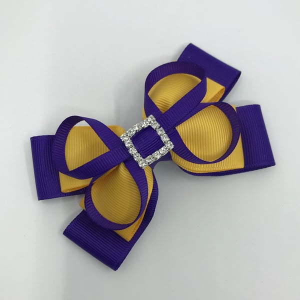 Purple and Yellow Gold Double Layer Bow with Purple Loops on Clip