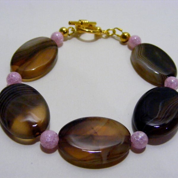 Brown Banded Agate with Pink crackled Quartz Bracelet