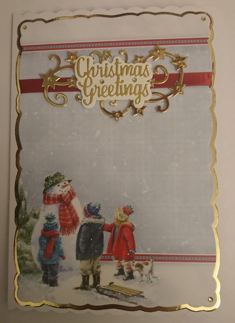 Christmas Card Children with their Puppy Dog Sled and Snowman 3D Luxury Handmade