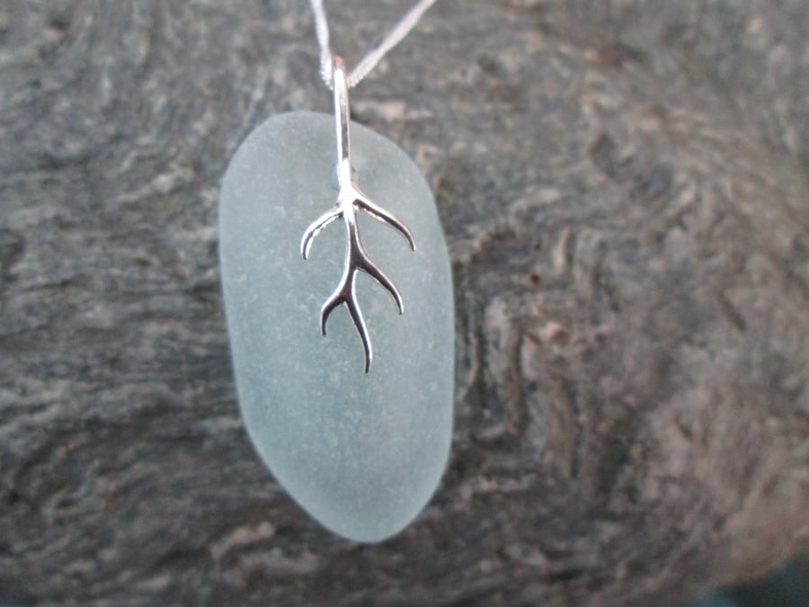 AQUA Seaglass Pendant Necklace, Sterling Silver chain, branching seaweed