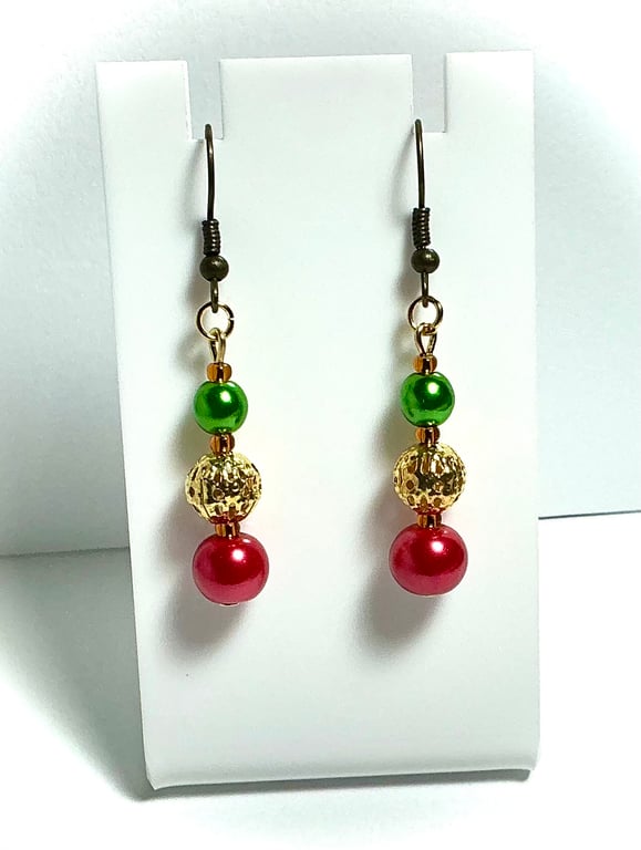 Triple Bead Red, Gold and Green Christmas Earrings