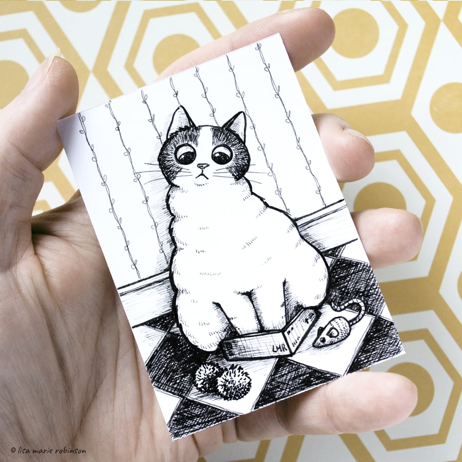 Large Cat Small Box ACEO - Inktober 2019 - Day 18 - Ink Drawing Pen Art