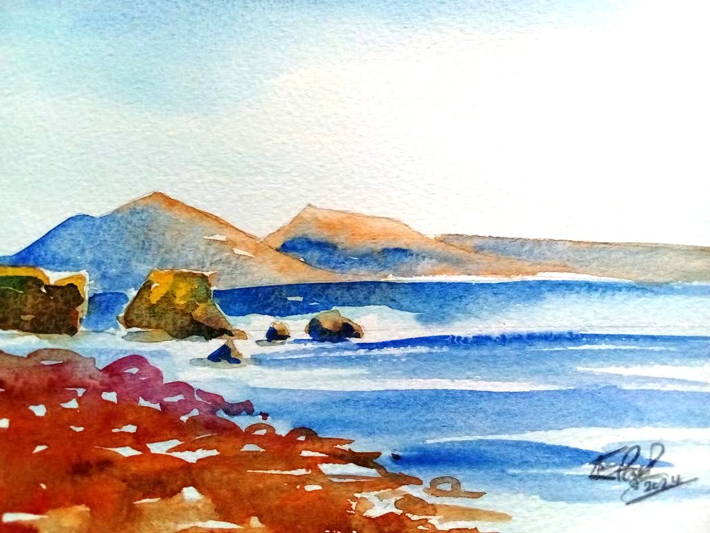 Original watercolour painting, Isle of Arran from Mull of Kintyre, Scotland, A5