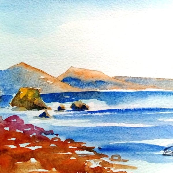 Original watercolour painting, Isle of Arran from Mull of Kintyre, Scotland, A5