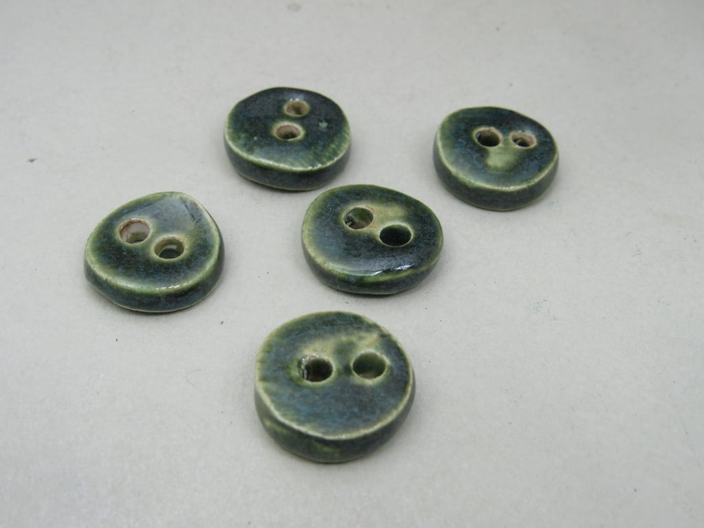 5 Small Round Forest Green Ceramic Buttons
