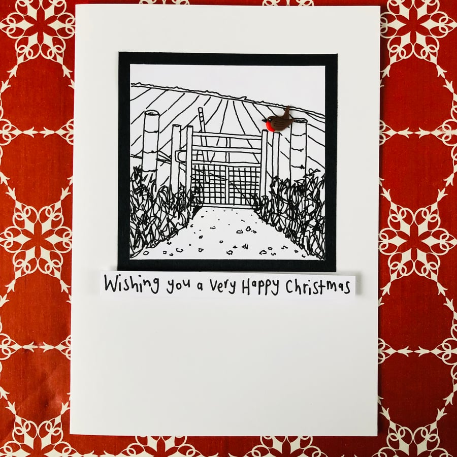 Robin on a gate, Wishing you a very Happy Christmas Card design