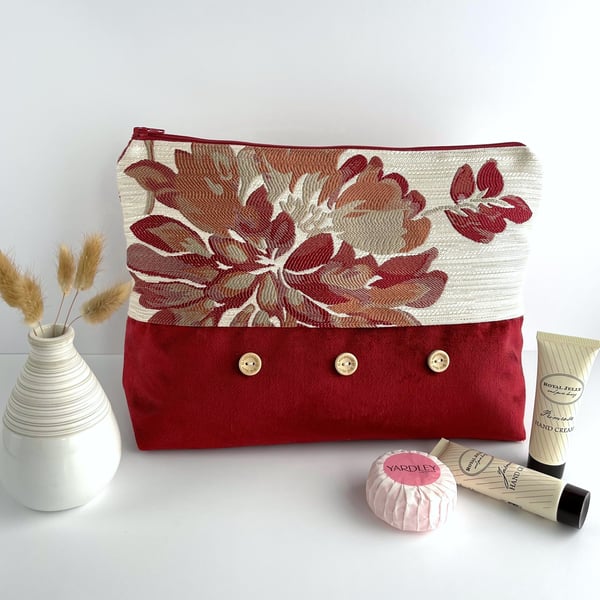SALE - Red and Cream Toiletry Bag - Floral Wash Bag