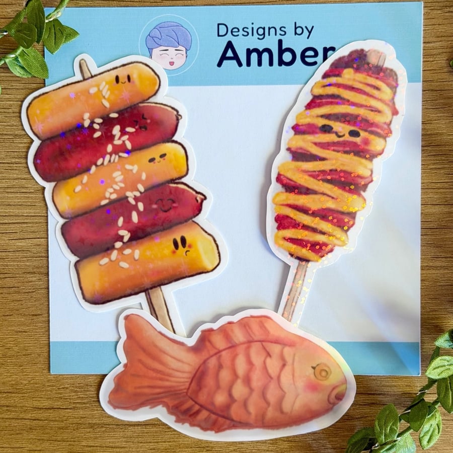 Image of Korean Street Food Holographic Vinyl Sticker Set - Hot Dog Sotteok Bungeoppang