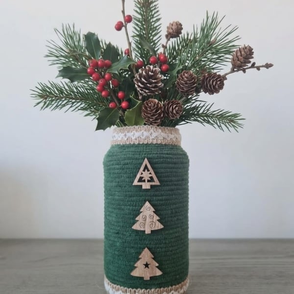 Forest Green Yarn Wrapped Christmas Jar, Rustic Home Decor