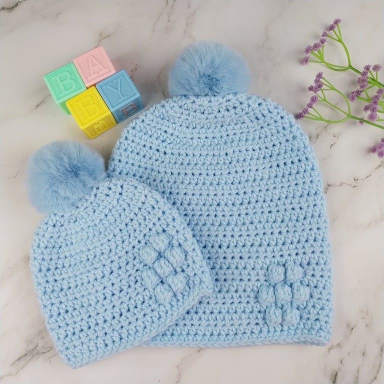 Matching Mum and Baby Crochet Hats, Blue Pom Pom Beanie Set