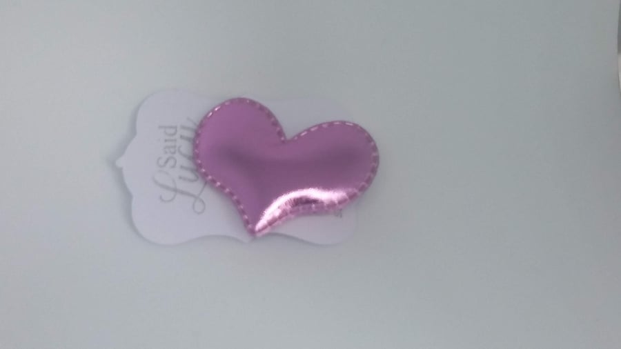 Pink shiny fabric puffy heart Girls hair clip