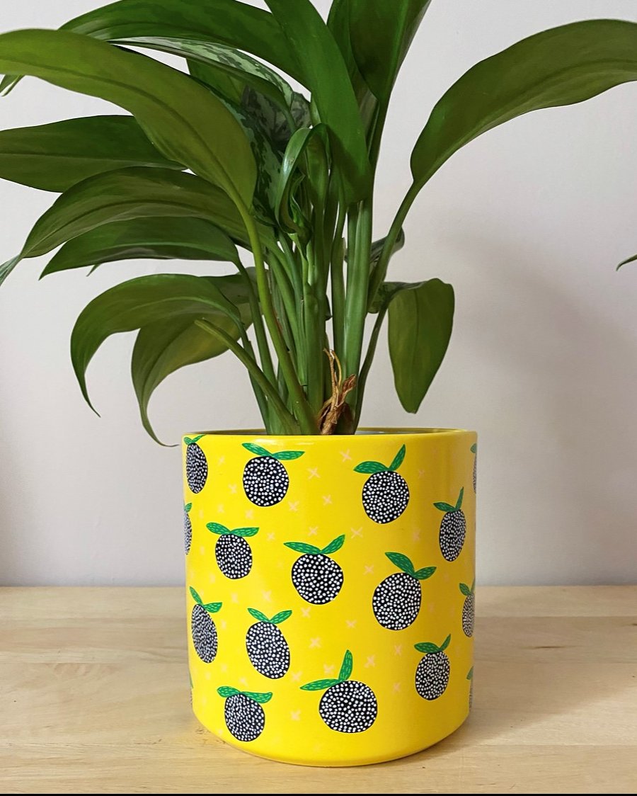 Yellow Abstract Fruit Design Hand Painted Plant Pot, Height 13cm, Width 14cm