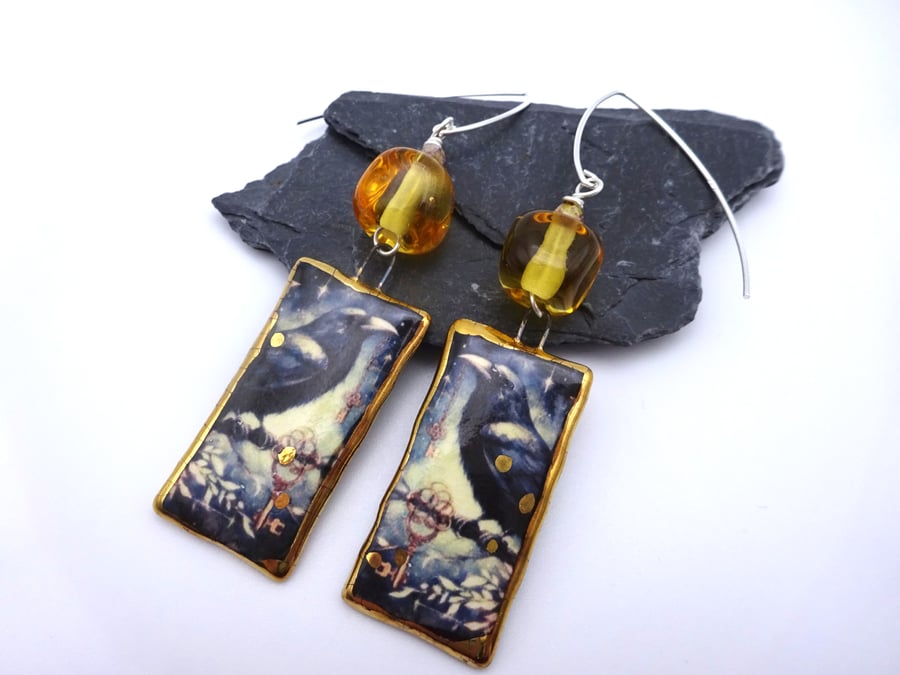 lampwork glass earrings, ceramic raven key keeper jewellery
