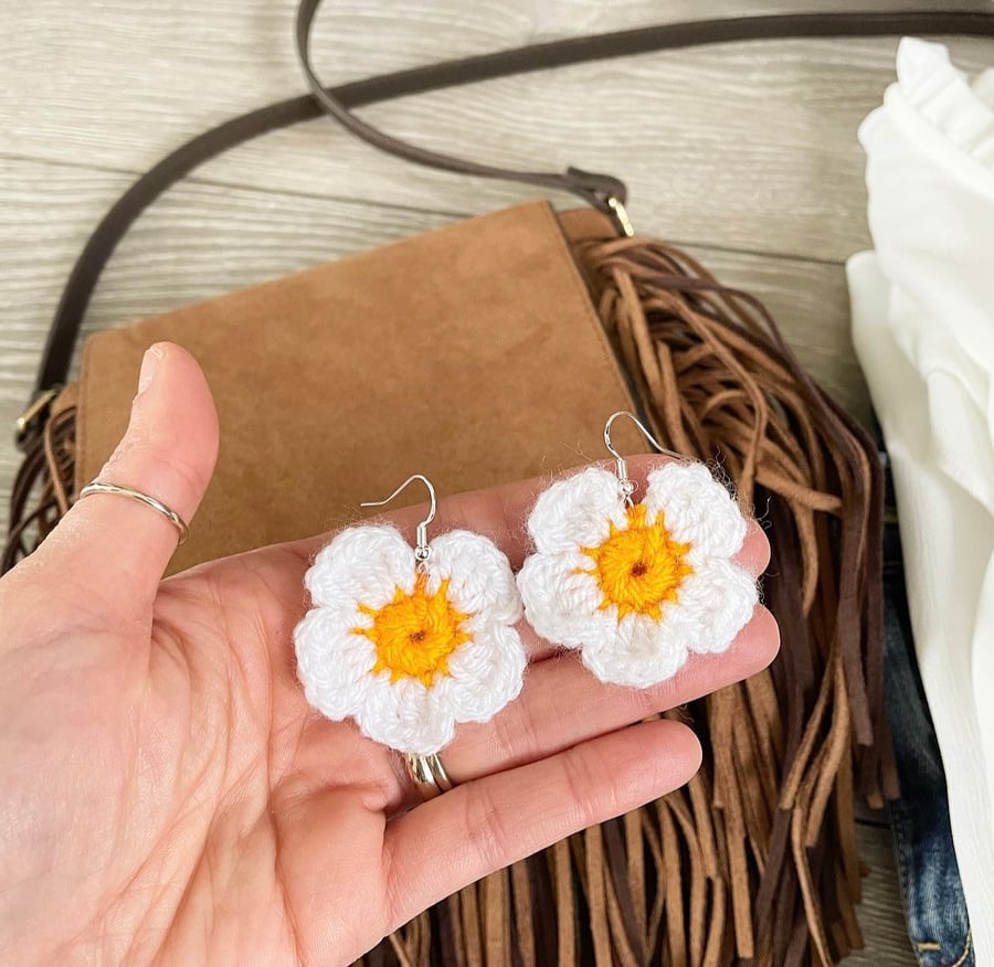 Crochet Daisy Earrings Handmade Boho Jewelry, Sterling Silver