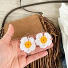 Crochet Daisy Earrings Handmade Boho Jewelry, Sterling Silver