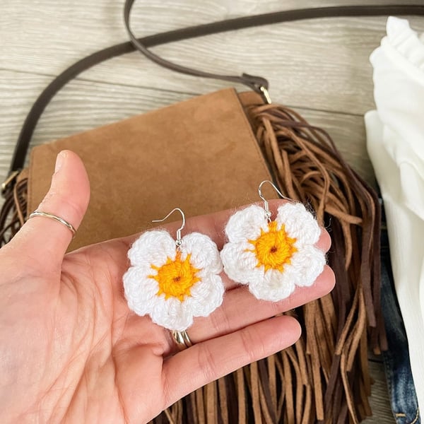 Crochet Daisy Earrings Handmade Boho Jewelry, Sterling Silver