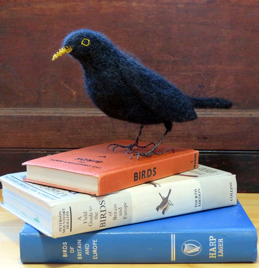 Needle felted blackbird sculpture
