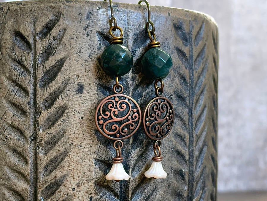 Dark Green Indian Agate Earrings with Glass Flowers. Bohemian Gemstone Jewellery