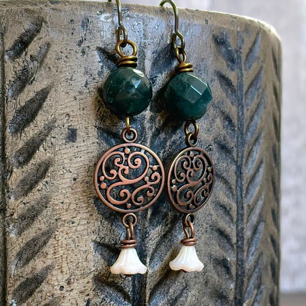 Dark Green Indian Agate Earrings with Glass Flowers. Bohemian Gemstone Jewellery