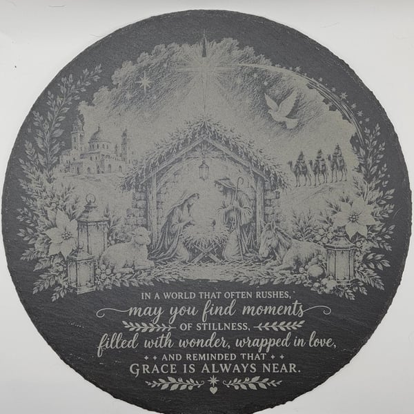 Nativity Slate Christmas Decoration, Food Platter, 30cm Round Christian Plaque, 