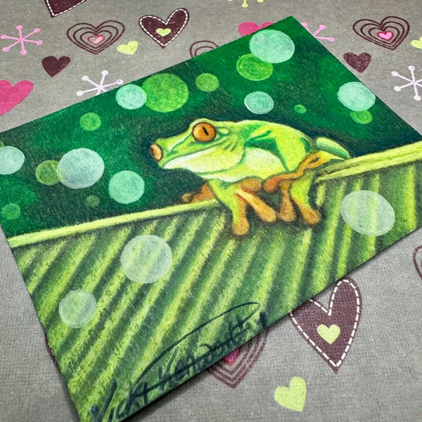 ACEO Original tree frog art 'Just hanging around' By V Kenworthy