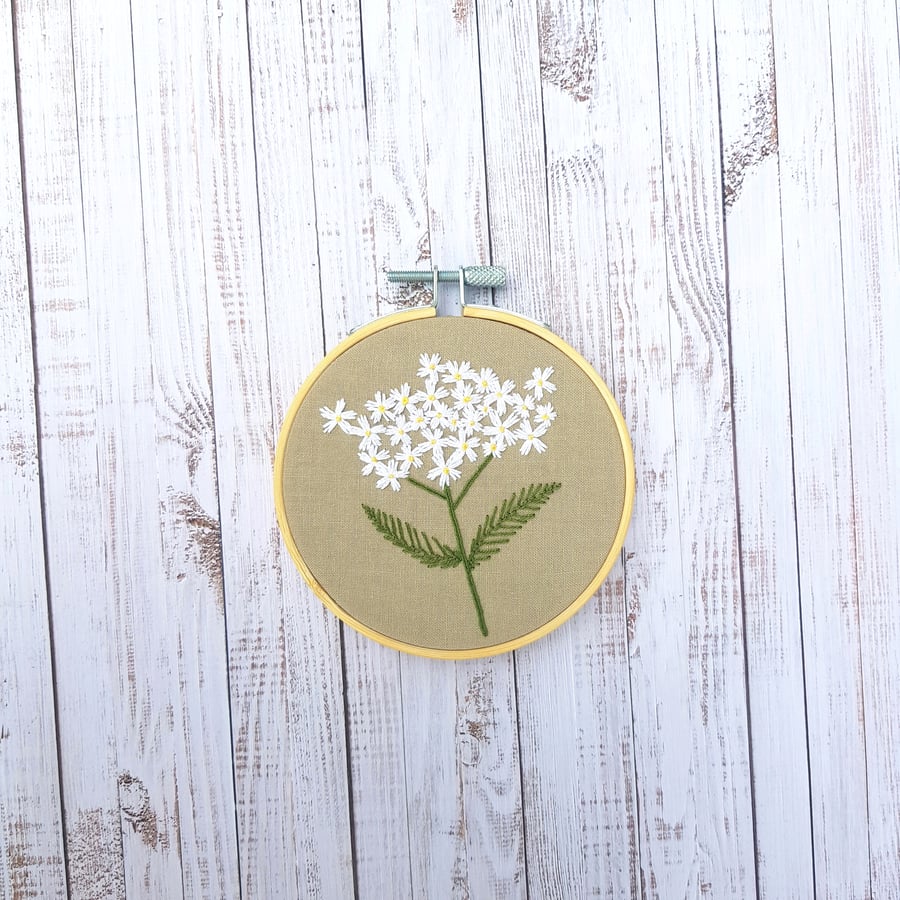 Yarrow wildflower hand embroidery hoop art, 4"