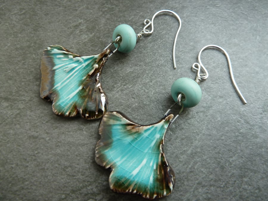 sterling silver, green lampwork glass and ceramic earrings