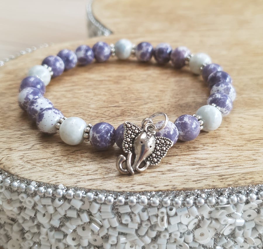 Elasticated Bracelet - Purple Watercolour Splash Jade With Elephant Charm