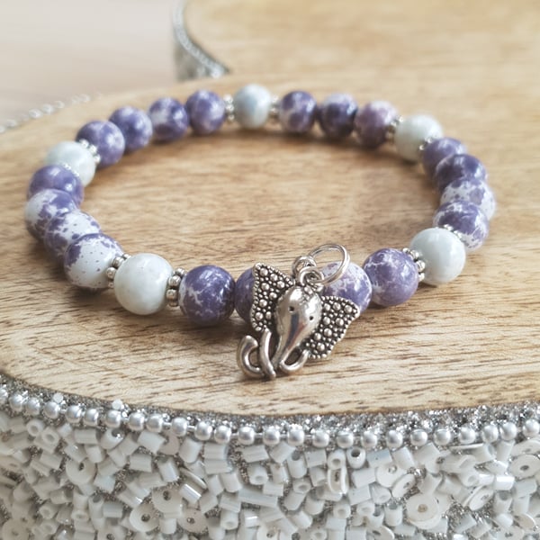 Elasticated Bracelet - Purple Watercolour Splash Jade With Elephant Charm