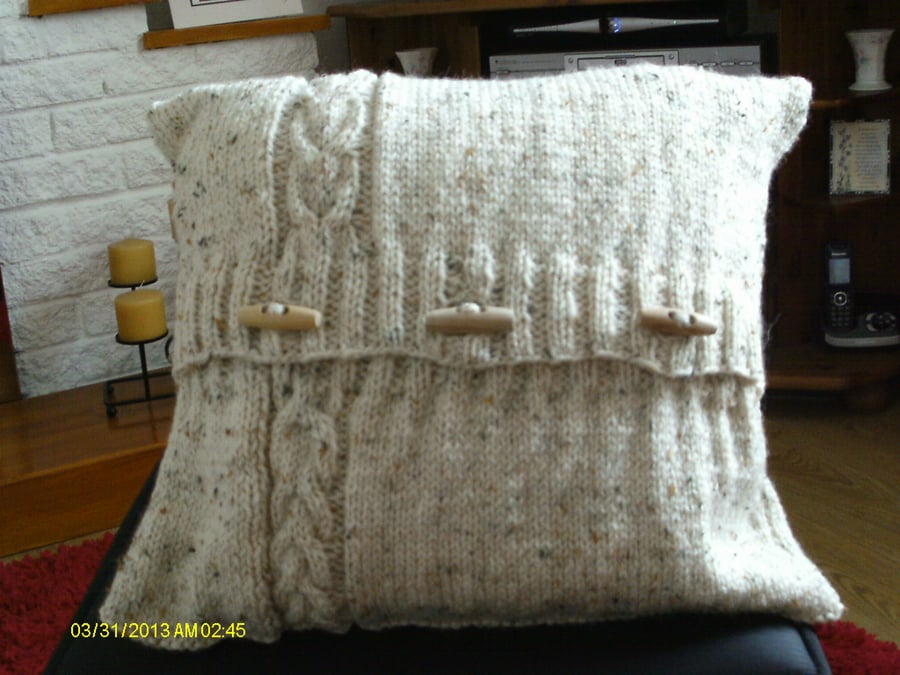 Hand knit  Cream Aran  cushion with cable detail