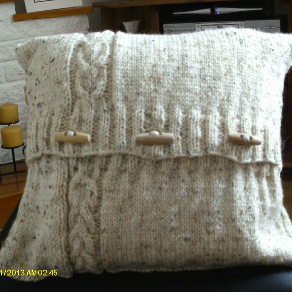 Hand knit  Cream Aran  cushion with cable detail