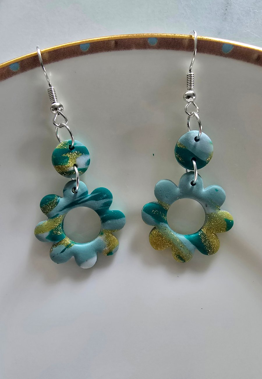 Polymer clay flower dangle green and gold earrings on silver plated earhooks