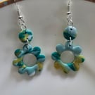 Polymer clay flower dangle green and gold earrings on silver plated earhooks