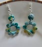 Polymer clay flower dangle green and gold earrings on silver plated earhooks