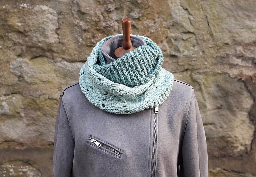 SCARF, knitted organic cotton chunky infinity loop scarf, green women's snood