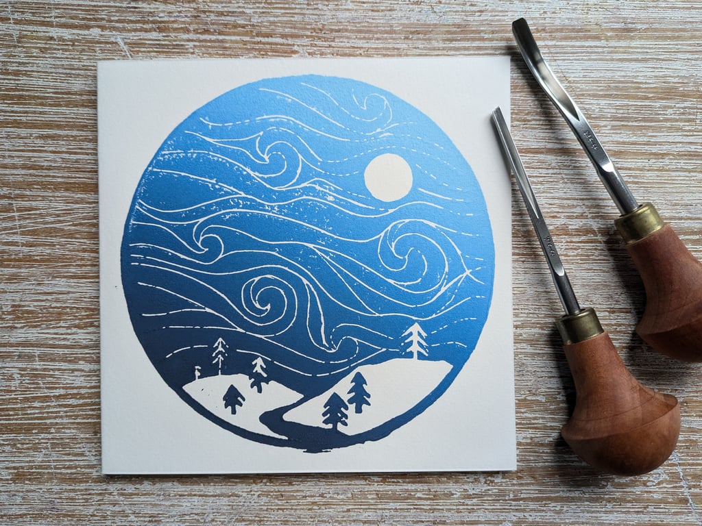 Swirling Snow Storm Christmas Card, hand-pulled original linoprint