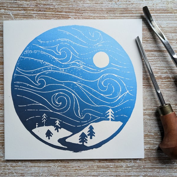 Swirling Snow Storm Christmas Card, hand-pulled original linoprint