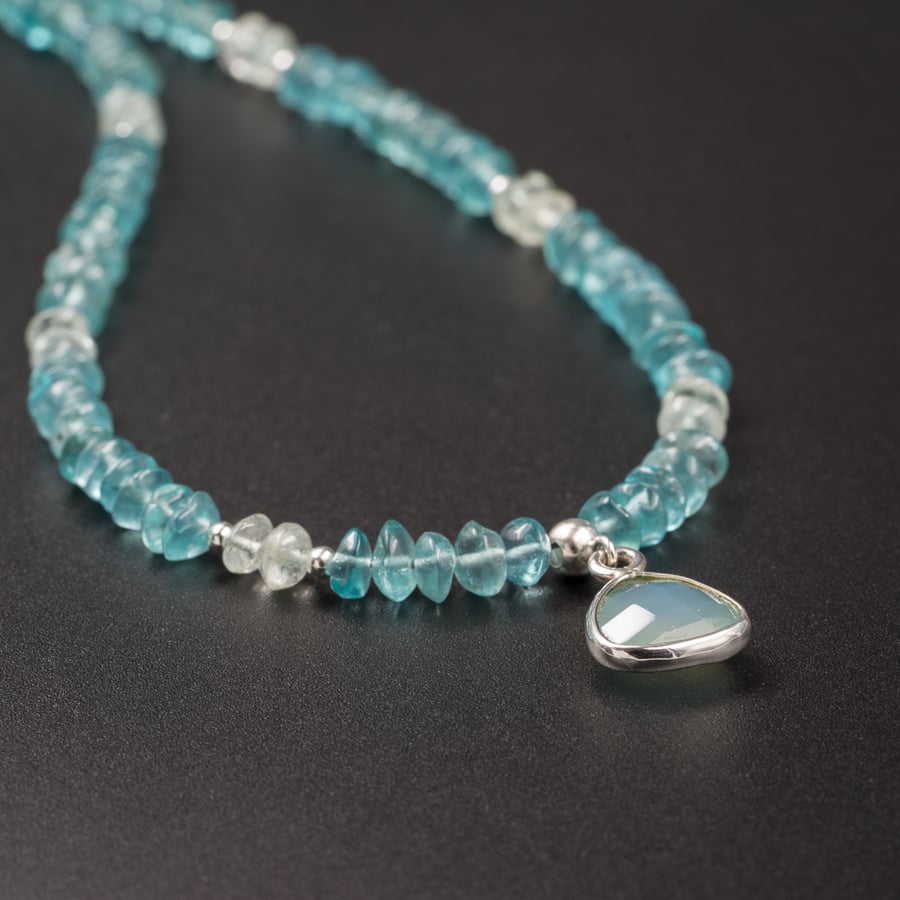 Apatite, aquamarine, chalcedony sterling silver blue necklace