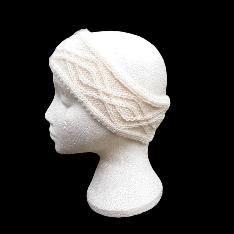 Hand knitted ladies cream headband ear warmer with double diamond cable pattern 
