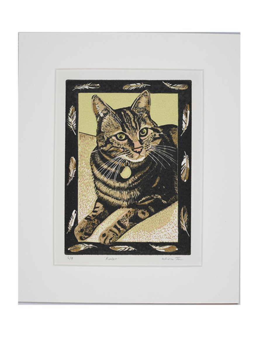 Cat linocut print catlovers gift 'Rumcat' 
