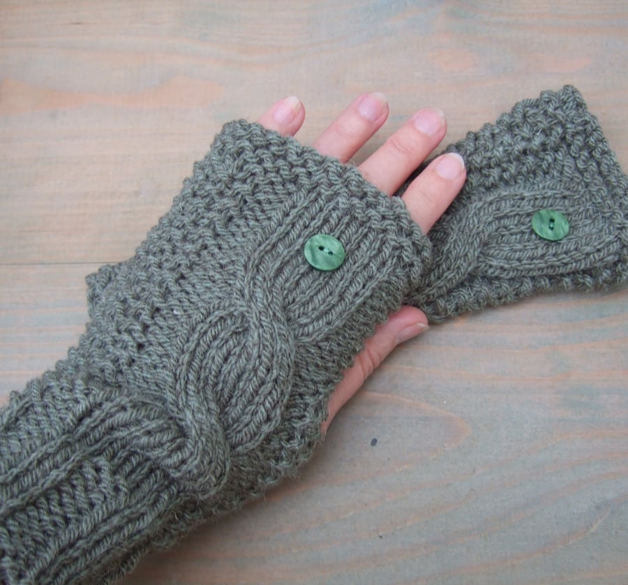 Green Knitted Wristwarmers, Fingerless Gloves 