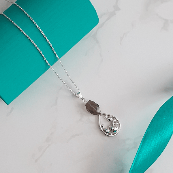 Sterling silver smokey quartz necklace with handmade teardrop bubbles charm