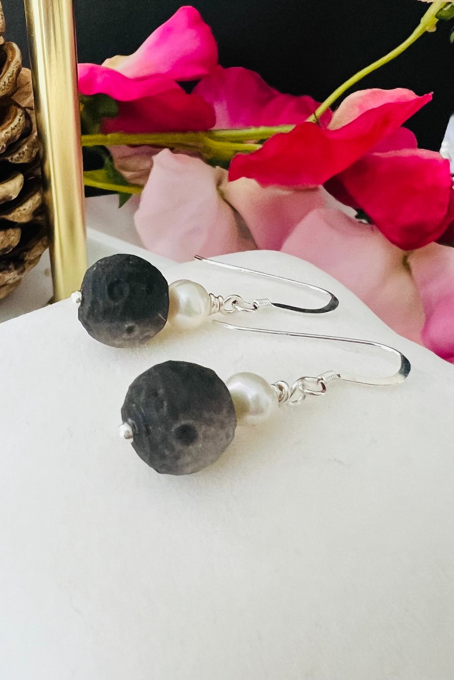 Moon Carved Silver Obsidian & FWC Pearl Sterling Silver Earrings 