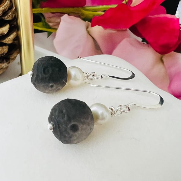 Sterling Silver Earrings with Moon Carved Silver Obsidian Gemstone