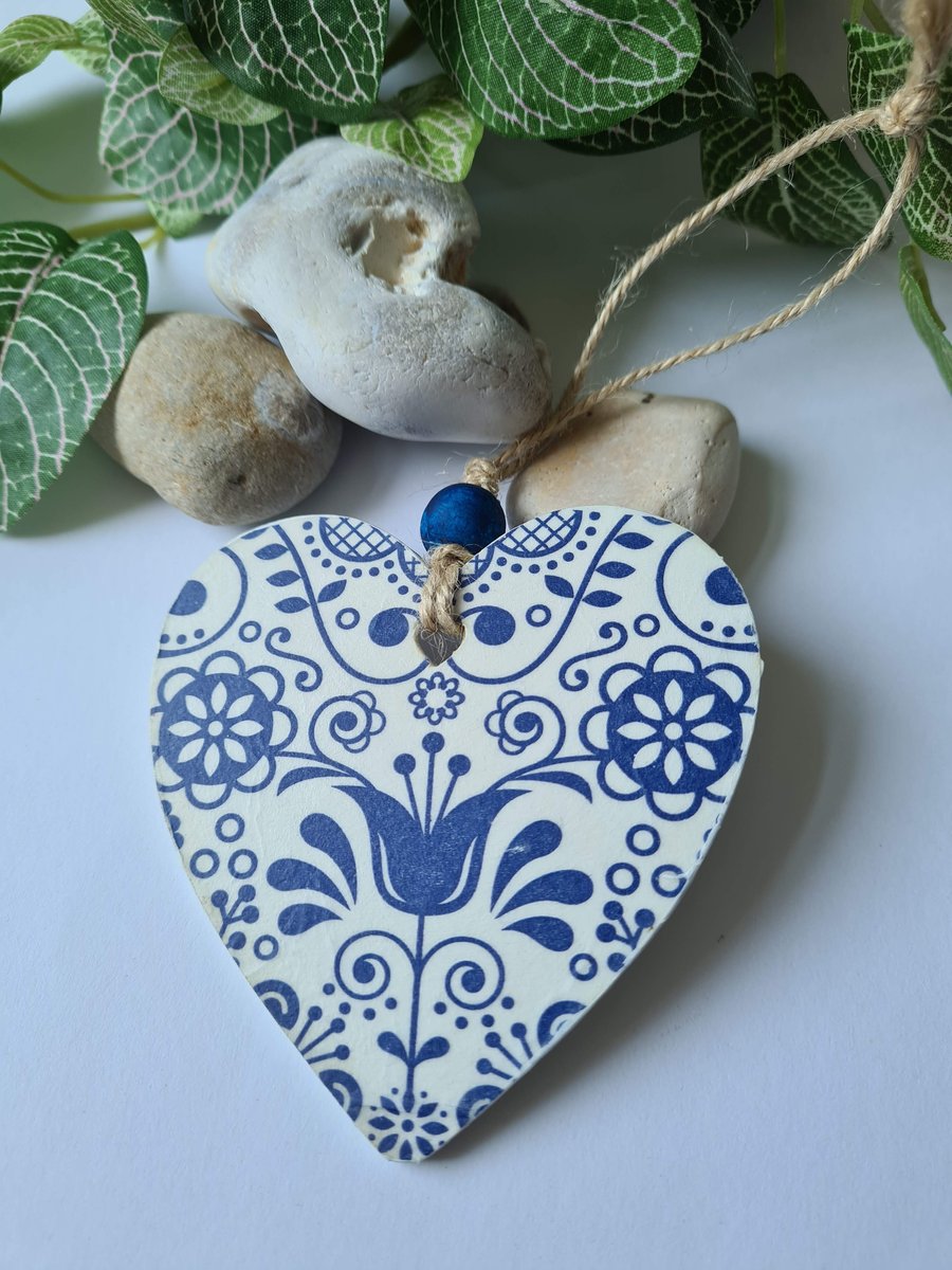 Wooden decoupage blue and white hanging decoration scandi decor letterbox gift