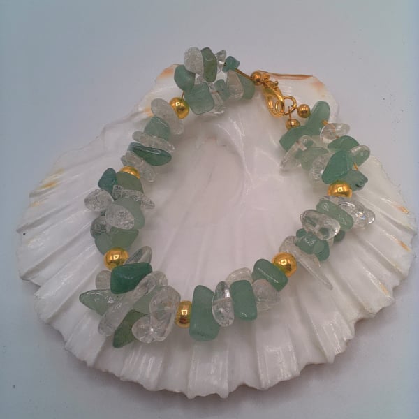 Green Jade & Quartz Chip Bracelet With Gold Spacers, Gift for Her, Bracelet