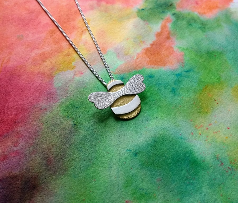 Bumble Bee Pendant, Brass, Silver Stripes & Aero-Wings, Sterling Silver Chain